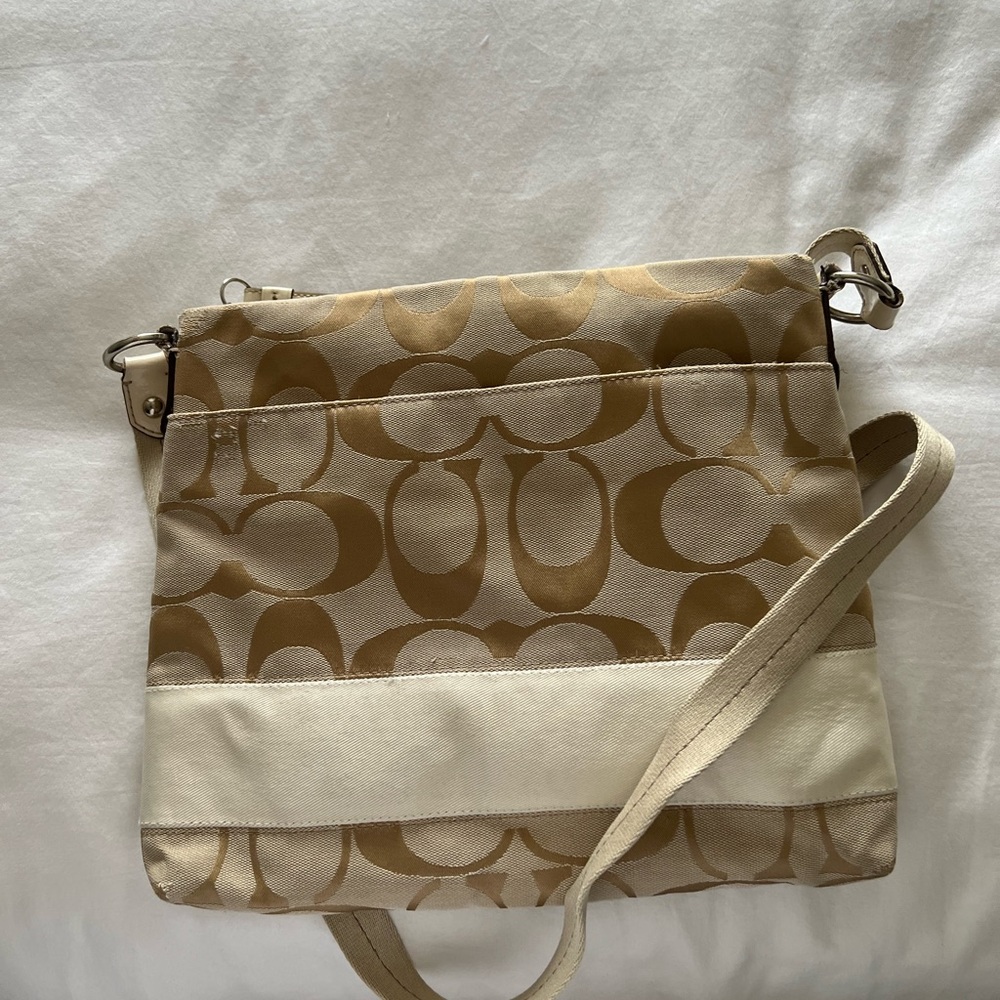 Coach Tan and Cream Crossbody Bag with Signature Monogram